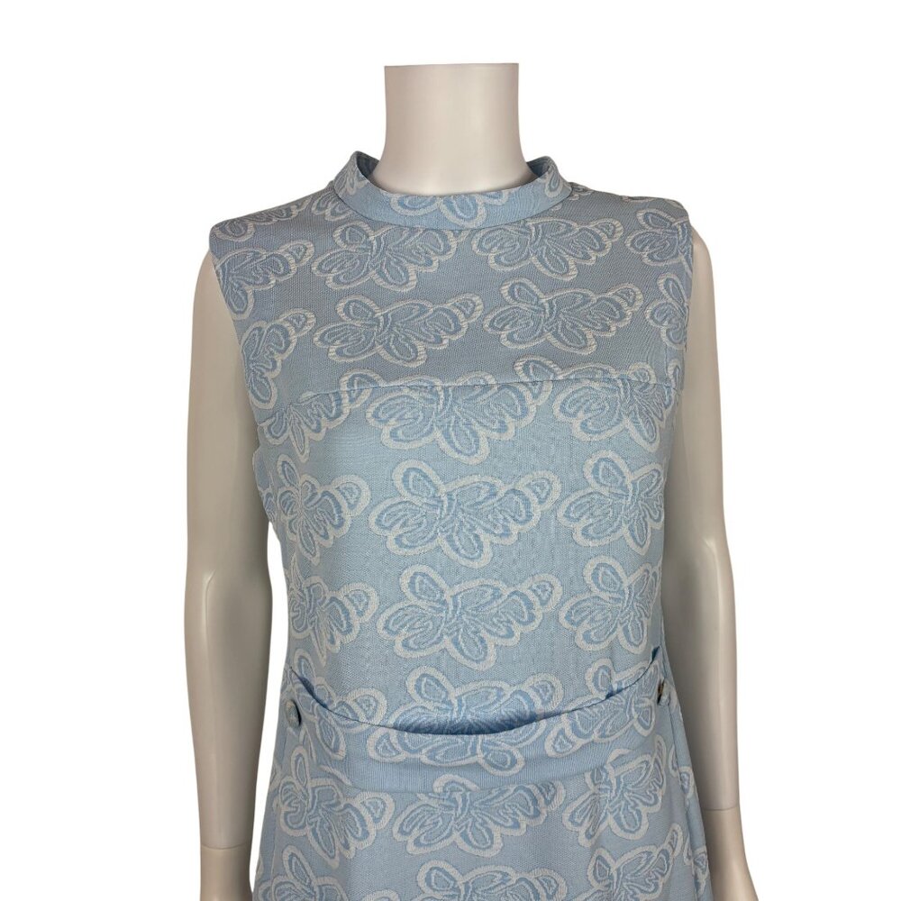 Vintage 60s Sheath Dress Womens Small Ice Blue Patterned Polyester Knee Length - Picture 5 of 11
